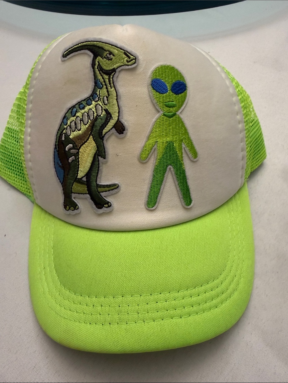 Kids Neon Green Alien & Dinosaur Patch Trucker Hat